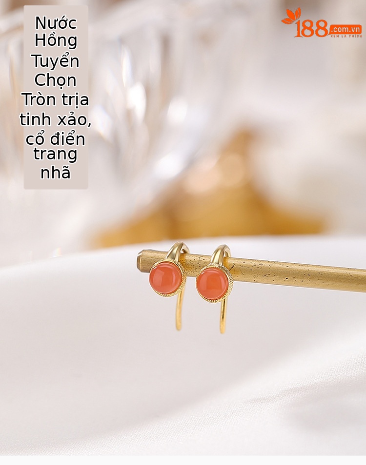Khuyên tai bạc S925 mạ vàng đính mã não đỏ nữ tinh tế — một đôi chi tiết 1