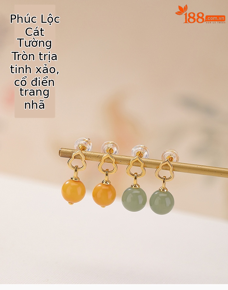 Bông tai bạc S925 mạ vàng đính ngọc mật sáp hình hồ lô tròn đơn giản — Mật ong sáp chi tiết 1