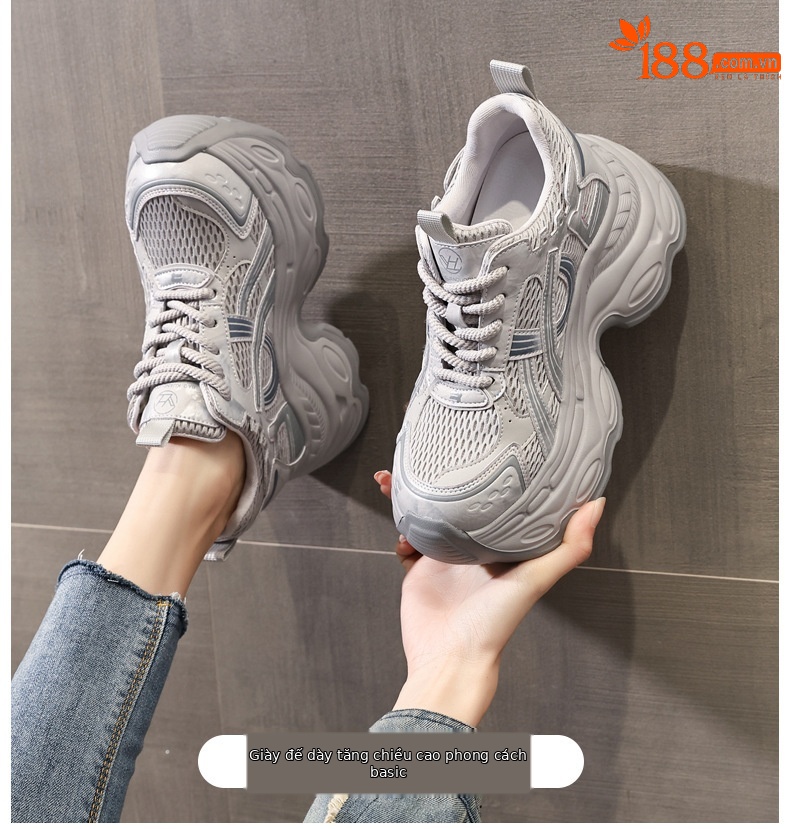 Giày sneaker nữ đế dày chunky phong cách dad sneaker, lưới thoáng khí, tăng chiều cao — màu xám chi tiết 1