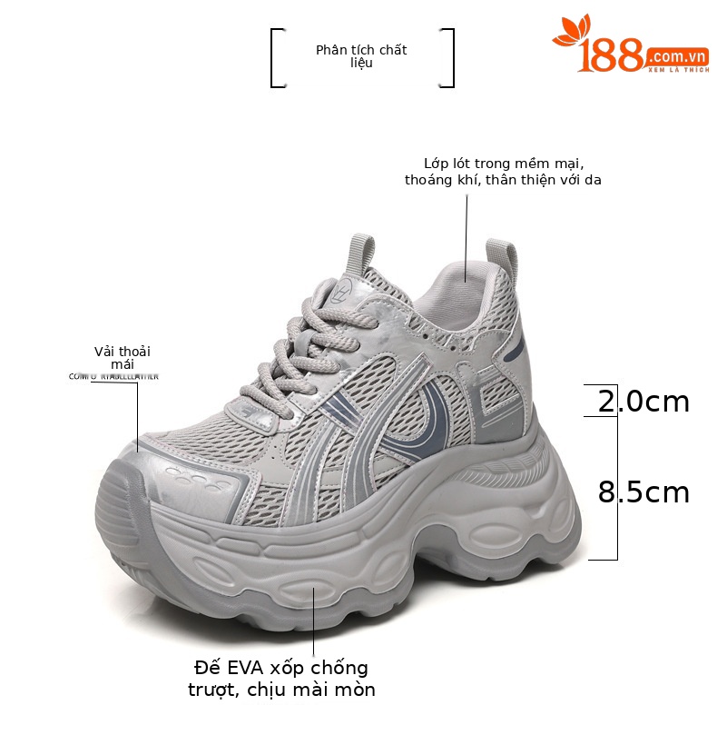 Giày sneaker nữ đế dày chunky phong cách dad sneaker, lưới thoáng khí, tăng chiều cao — màu xám chi tiết 3