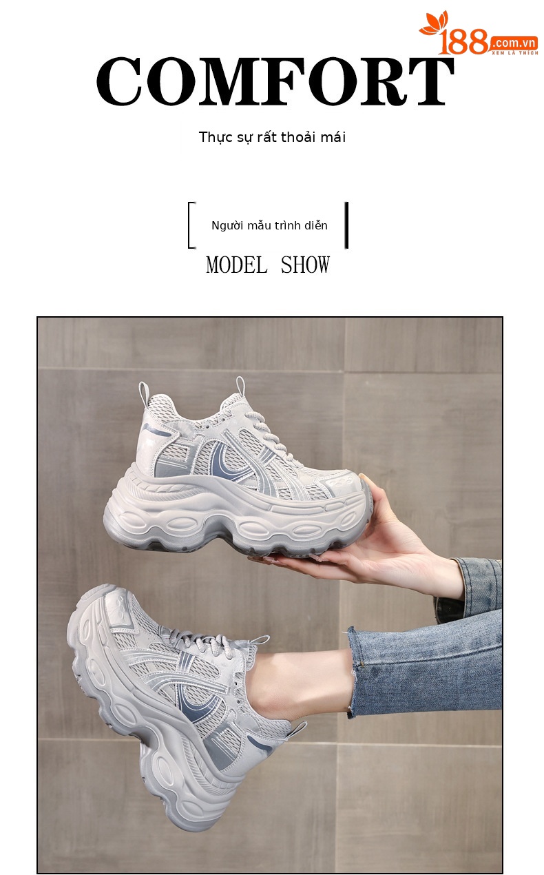 Giày sneaker nữ đế dày chunky phong cách dad sneaker, lưới thoáng khí, tăng chiều cao — màu xám chi tiết 11