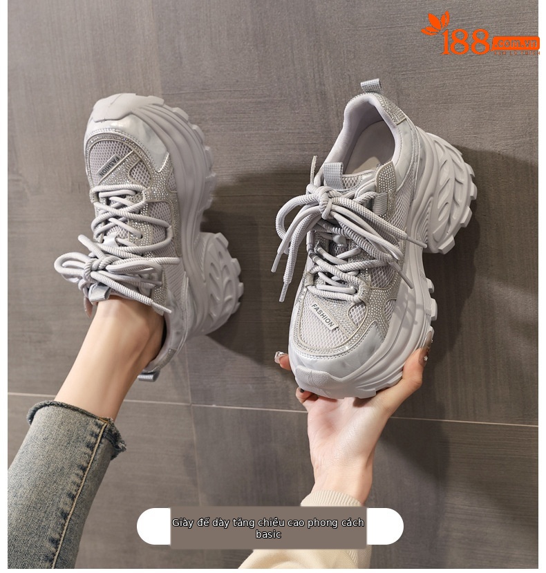 Giày sneaker nữ chunky đế dày lưới thoáng khí đính đá rhinestone — màu be chi tiết 1