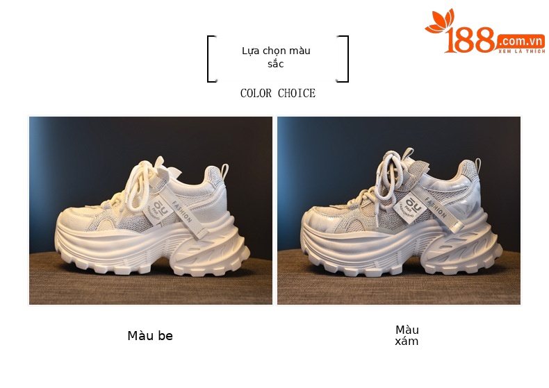 Giày sneaker nữ chunky đế dày lưới thoáng khí đính đá rhinestone — màu be chi tiết 2