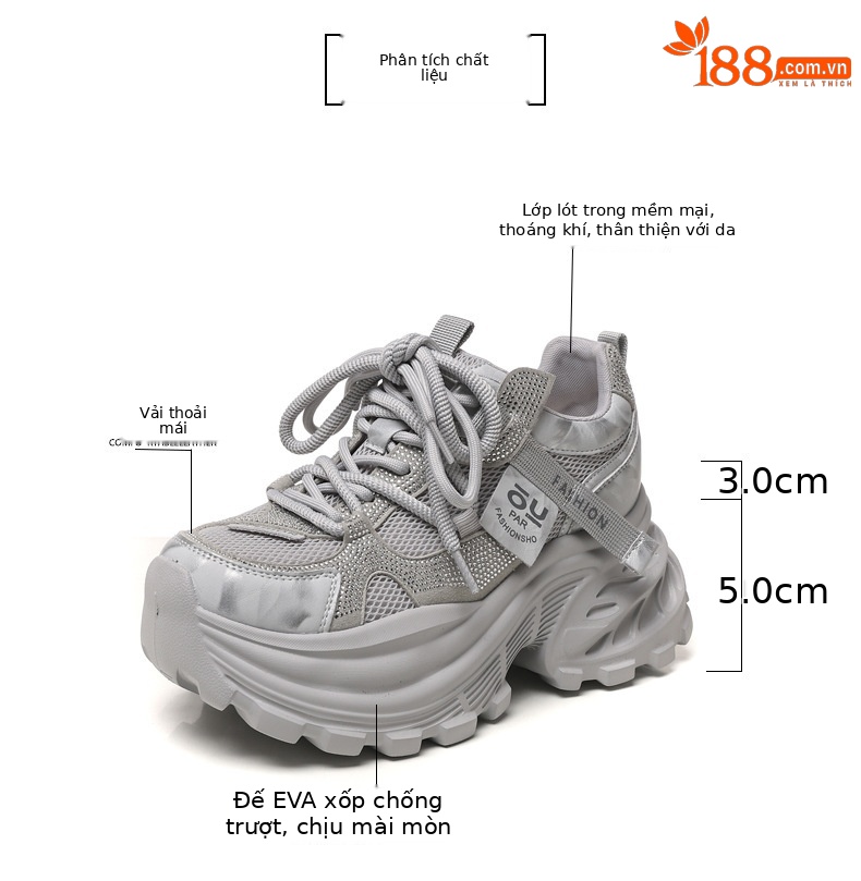 Giày sneaker nữ chunky đế dày lưới thoáng khí đính đá rhinestone — màu be chi tiết 3