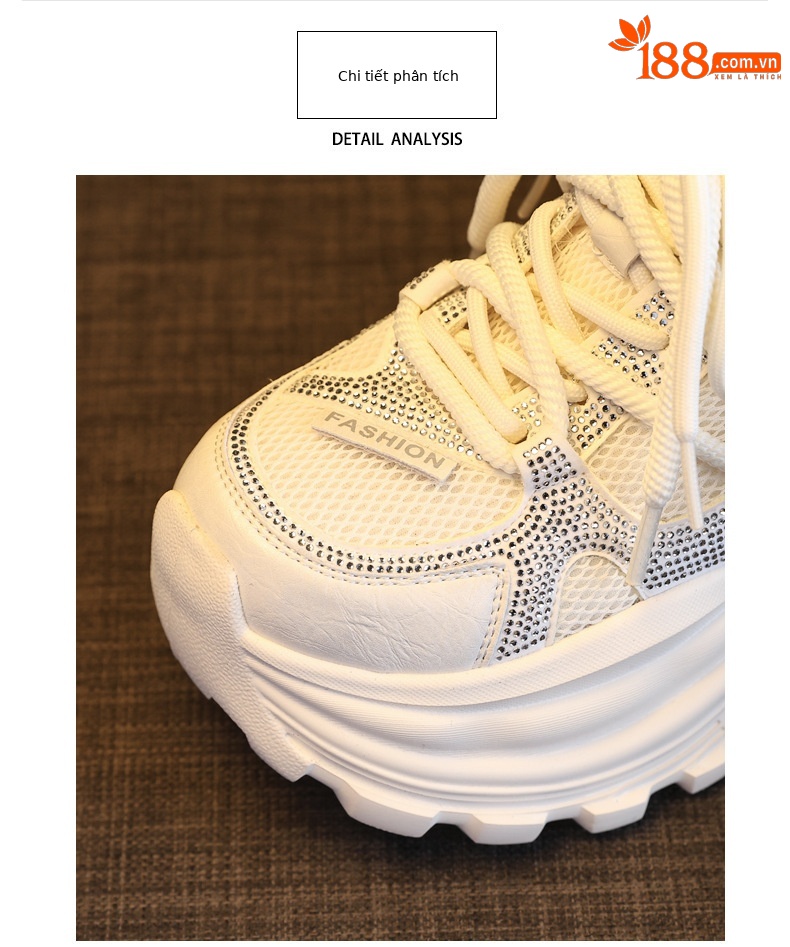 Giày sneaker nữ chunky đế dày lưới thoáng khí đính đá rhinestone — màu be chi tiết 7