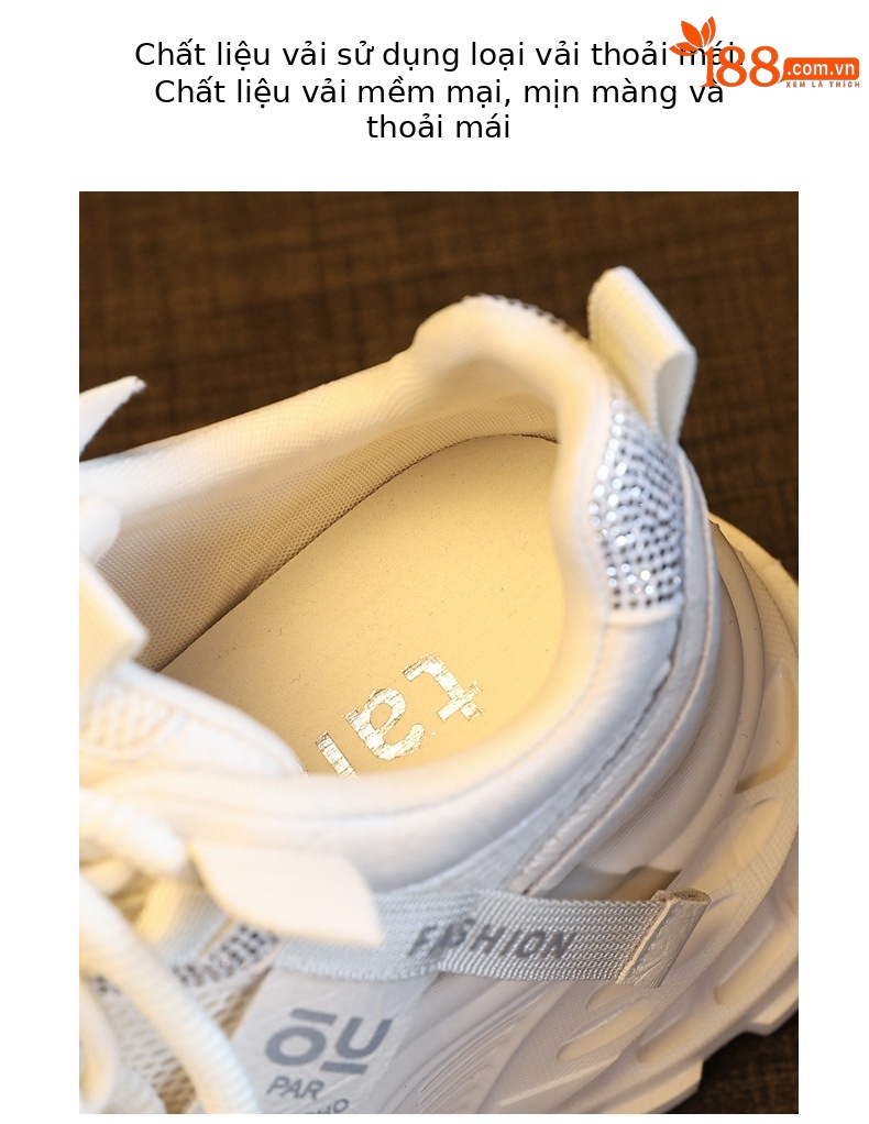 Giày sneaker nữ chunky đế dày lưới thoáng khí đính đá rhinestone — màu be chi tiết 8