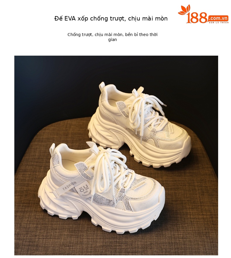 Giày sneaker nữ chunky đế dày lưới thoáng khí đính đá rhinestone — màu be chi tiết 10