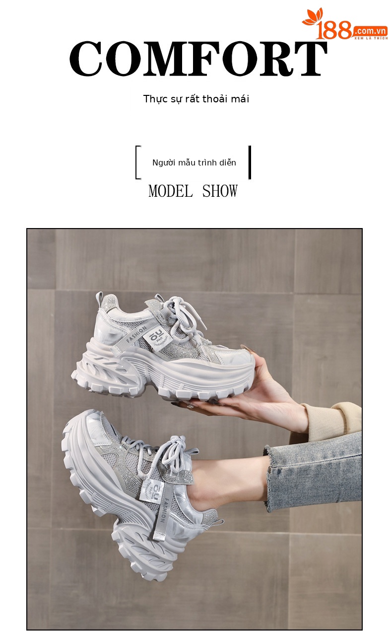 Giày sneaker nữ chunky đế dày lưới thoáng khí đính đá rhinestone — màu be chi tiết 11