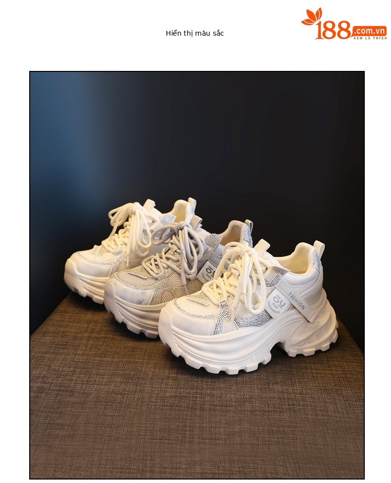 Giày sneaker nữ chunky đế dày lưới thoáng khí đính đá rhinestone — màu be chi tiết 18