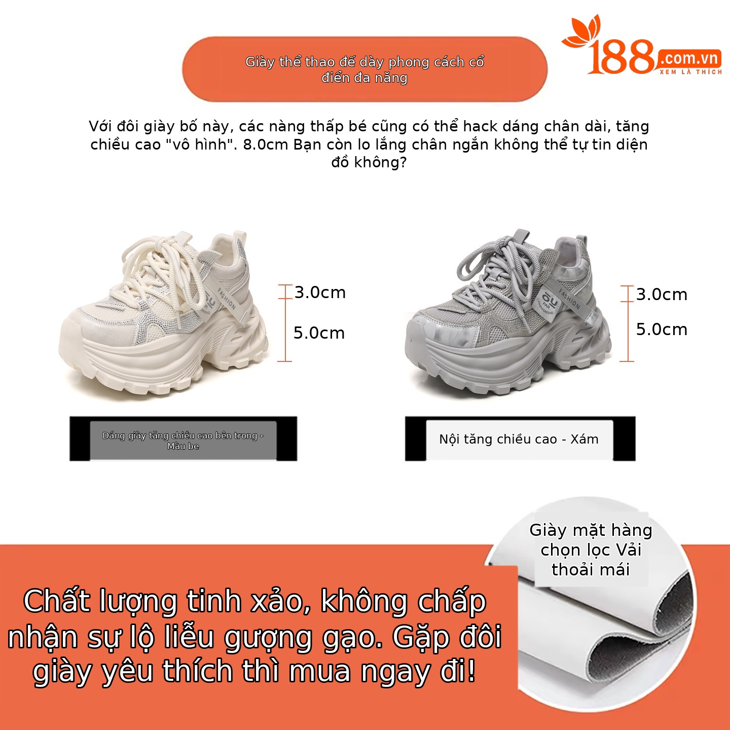Giày sneaker nữ chunky đế dày lưới thoáng khí đính đá rhinestone — màu be