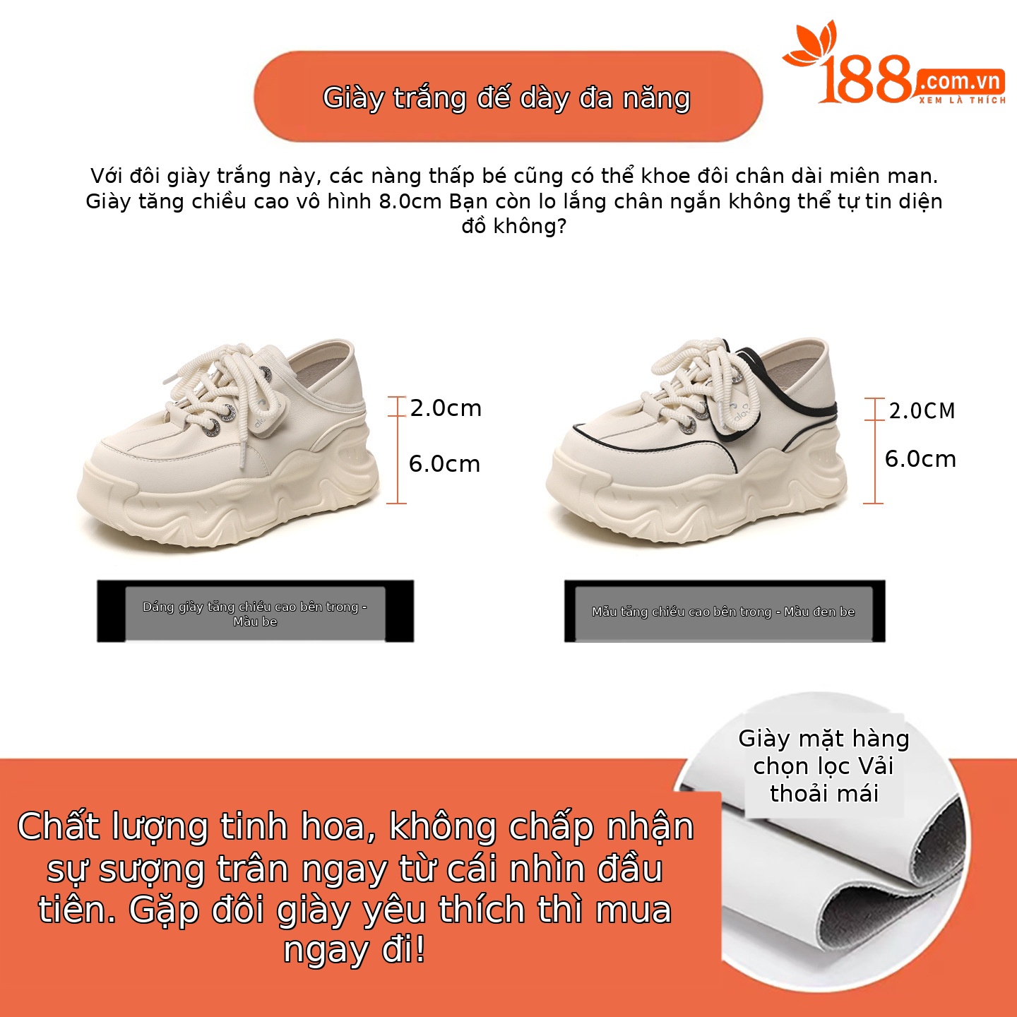 Giày sneaker nữ đế dày tăng chiều cao, form slip-on tiện lợi, đế bánh xốp mềm — màu be