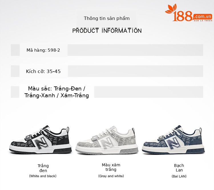 Giày sneaker unisex cổ thấp phong cách thể thao đường phố đế dày — 598-2 Trắng Đen chi tiết 6