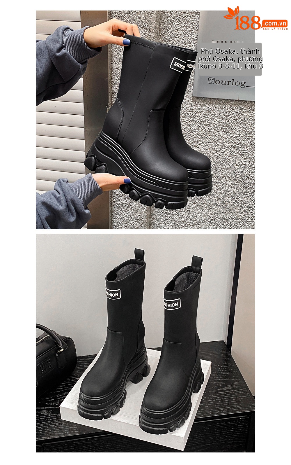 Boot nữ cổ cao đế dày gót 12 cm tăng chiều cao — Lót nhung đen chi tiết 3