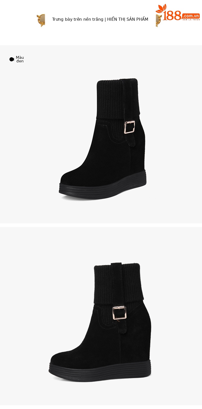 Boot cổ thấp nữ tăng chiều cao 12 cm đế xuồng phong cách Hàn Quốc — Lông cừu đen chi tiết 2