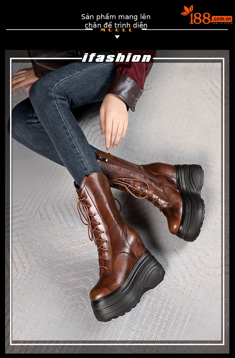 Boot nữ cổ trung đế dày tăng chiều cao 14 cm phong cách cổ điển — Lót nhung đen chi tiết 3