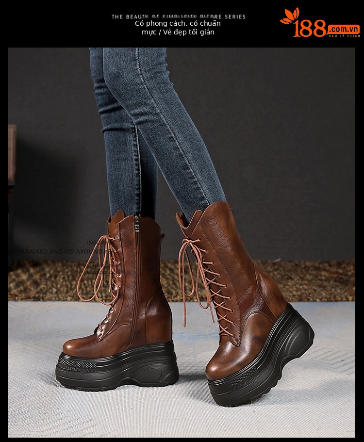 Boot nữ cổ trung đế dày tăng chiều cao 14 cm phong cách cổ điển — Lót nhung đen chi tiết 4