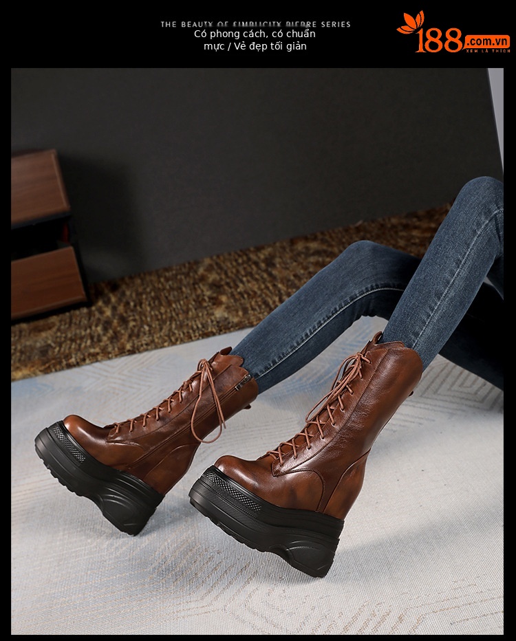 Boot nữ cổ trung đế dày tăng chiều cao 14 cm phong cách cổ điển — Lót nhung đen chi tiết 5