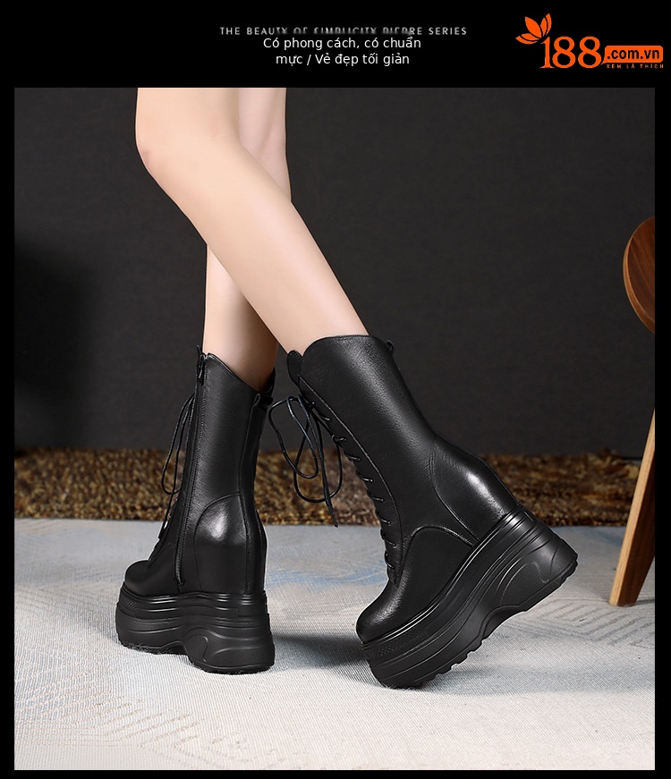 Boot nữ cổ trung đế dày tăng chiều cao 14 cm phong cách cổ điển — Lót nhung đen chi tiết 9