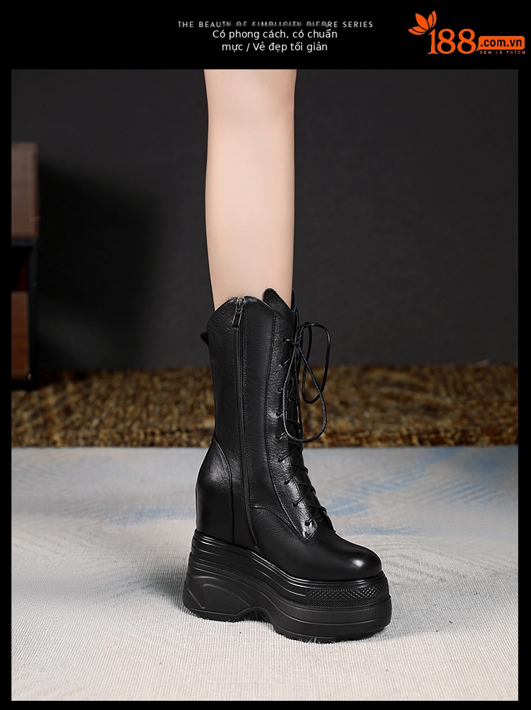 Boot nữ cổ trung đế dày tăng chiều cao 14 cm phong cách cổ điển — Lót nhung đen chi tiết 10