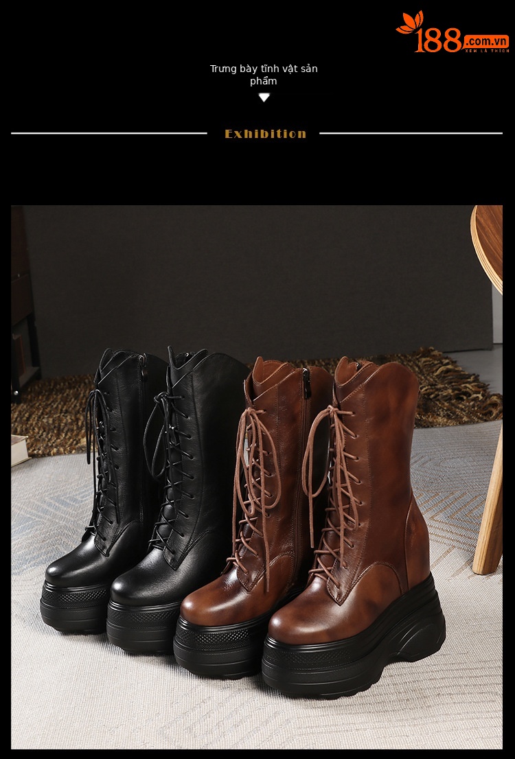 Boot nữ cổ trung đế dày tăng chiều cao 14 cm phong cách cổ điển — Lót nhung đen chi tiết 11