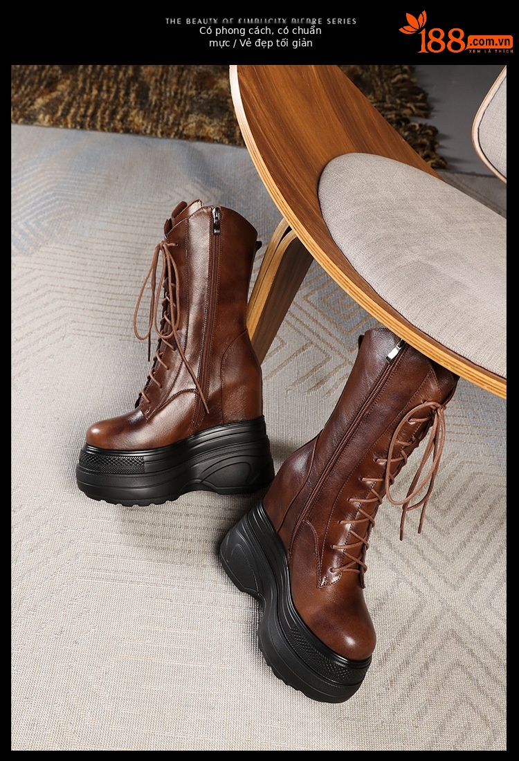 Boot nữ cổ trung đế dày tăng chiều cao 14 cm phong cách cổ điển — Lót nhung đen chi tiết 12