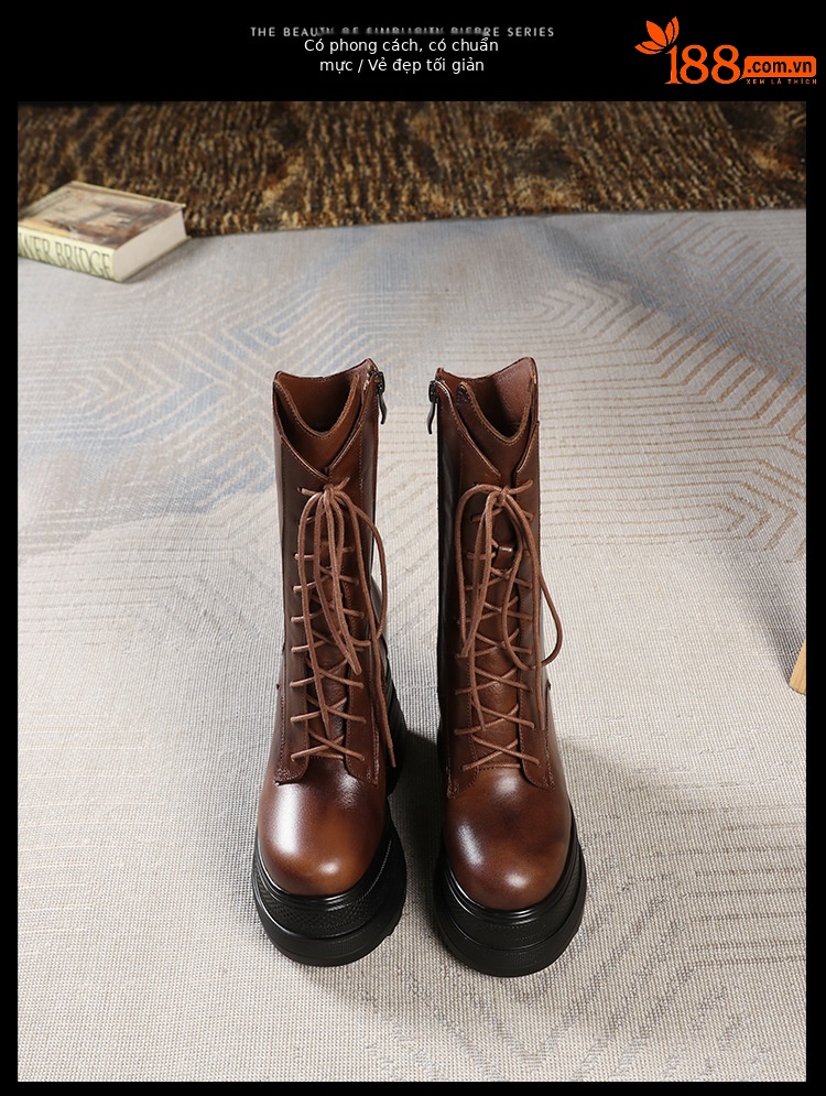 Boot nữ cổ trung đế dày tăng chiều cao 14 cm phong cách cổ điển — Lót nhung đen chi tiết 13