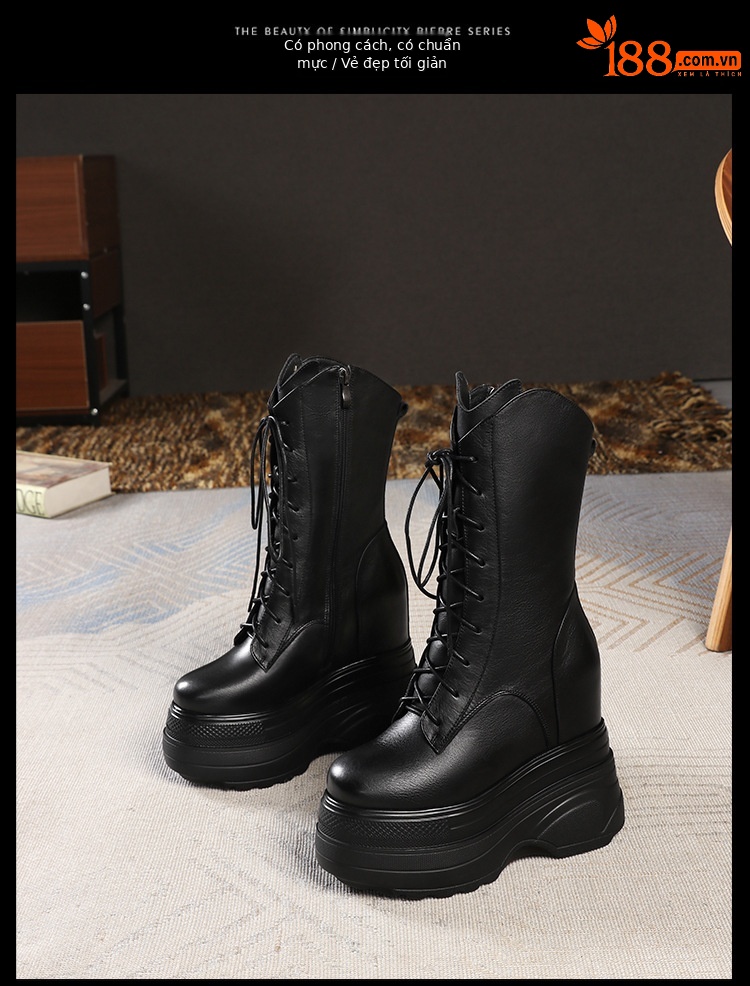 Boot nữ cổ trung đế dày tăng chiều cao 14 cm phong cách cổ điển — Lót nhung đen chi tiết 15