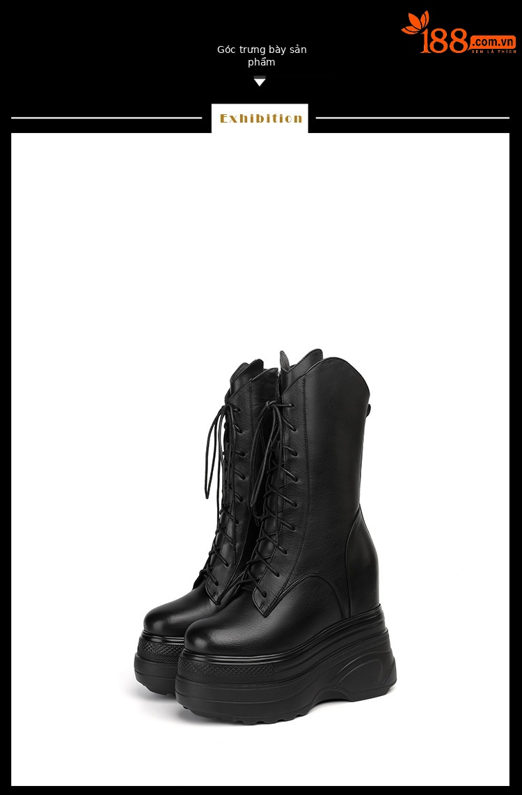 Boot nữ cổ trung đế dày tăng chiều cao 14 cm phong cách cổ điển — Lót nhung đen chi tiết 18