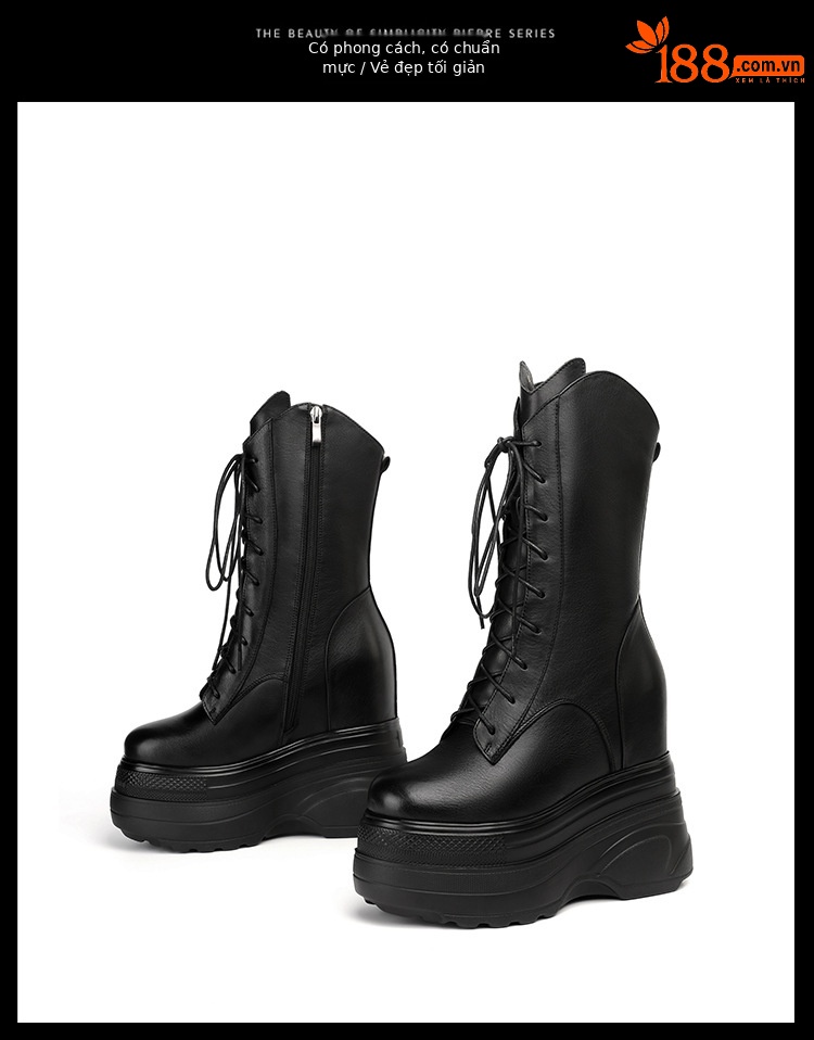 Boot nữ cổ trung đế dày tăng chiều cao 14 cm phong cách cổ điển — Lót nhung đen chi tiết 19