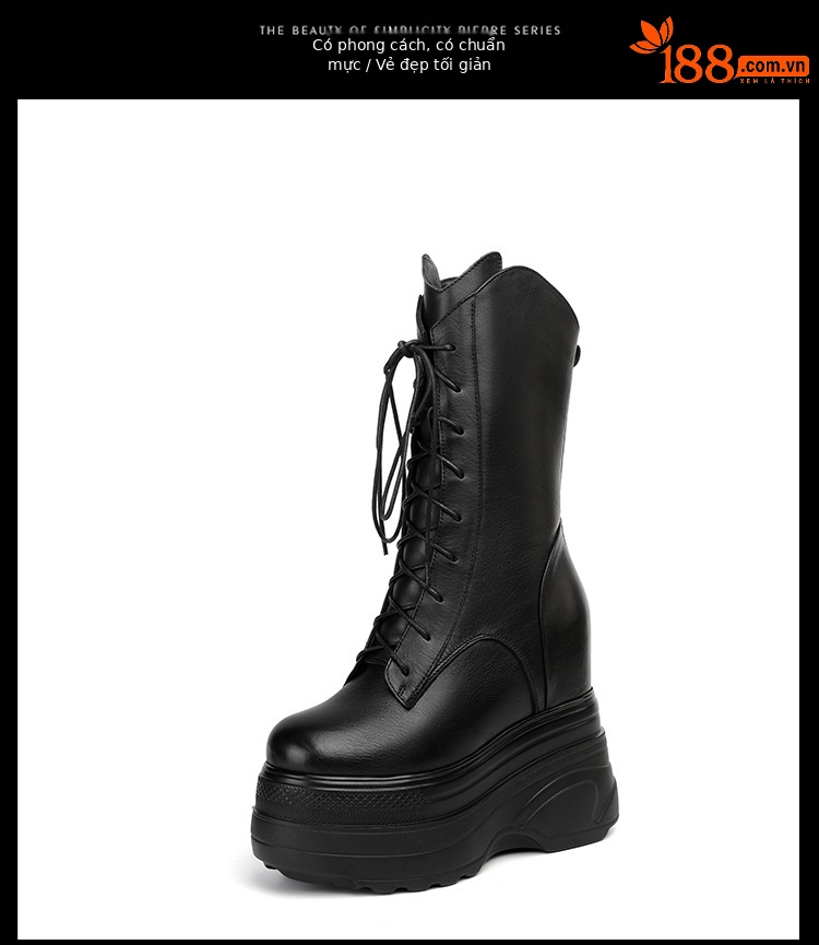 Boot nữ cổ trung đế dày tăng chiều cao 14 cm phong cách cổ điển — Lót nhung đen chi tiết 20