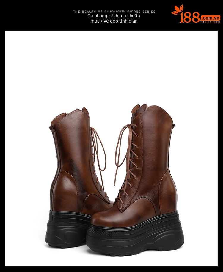 Boot nữ cổ trung đế dày tăng chiều cao 14 cm phong cách cổ điển — Lót nhung đen chi tiết 21