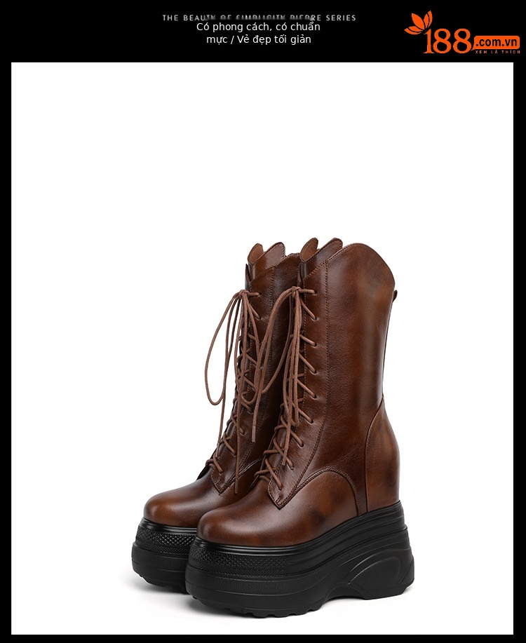 Boot nữ cổ trung đế dày tăng chiều cao 14 cm phong cách cổ điển — Lót nhung đen chi tiết 22