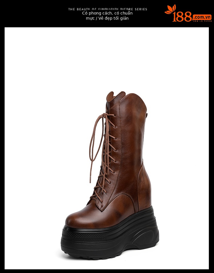 Boot nữ cổ trung đế dày tăng chiều cao 14 cm phong cách cổ điển — Lót nhung đen chi tiết 23