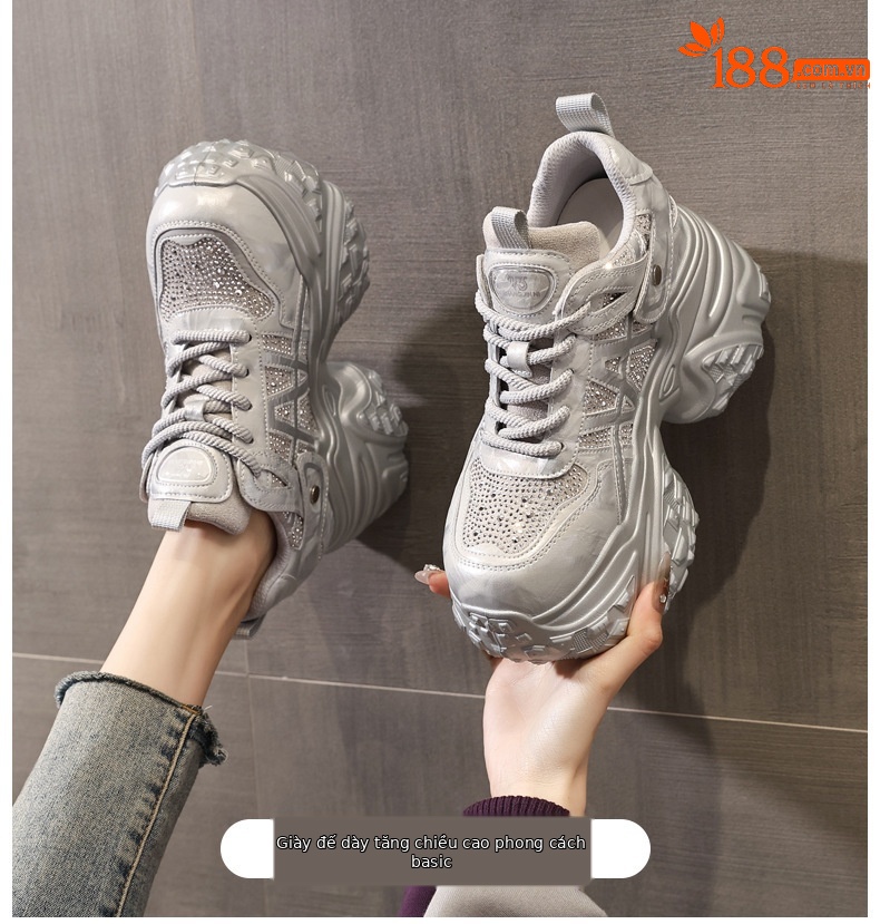 Giày sneaker nữ đế dày tăng chiều cao, phối đá rhinestone, lưới thoáng khí — màu trắng ngà chi tiết 1