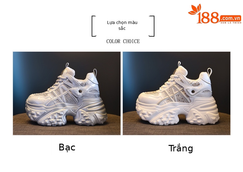Giày sneaker nữ đế dày tăng chiều cao, phối đá rhinestone, lưới thoáng khí — màu trắng ngà chi tiết 2