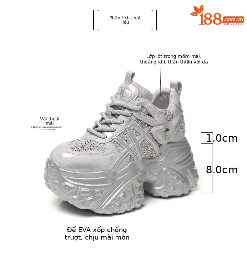 Giày sneaker nữ đế dày tăng chiều cao, phối đá rhinestone, lưới thoáng khí — màu trắng ngà chi tiết 3