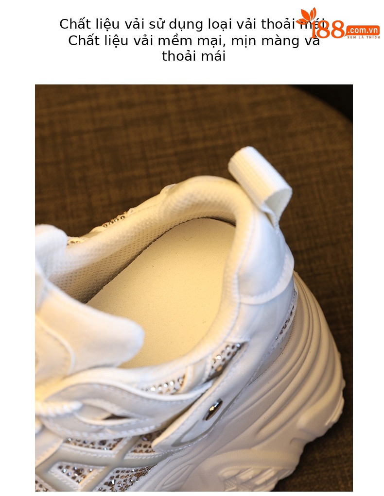 Giày sneaker nữ đế dày tăng chiều cao, phối đá rhinestone, lưới thoáng khí — màu trắng ngà chi tiết 8