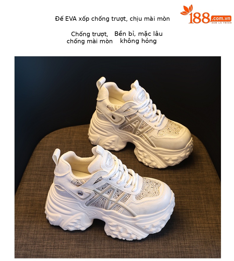 Giày sneaker nữ đế dày tăng chiều cao, phối đá rhinestone, lưới thoáng khí — màu trắng ngà chi tiết 10