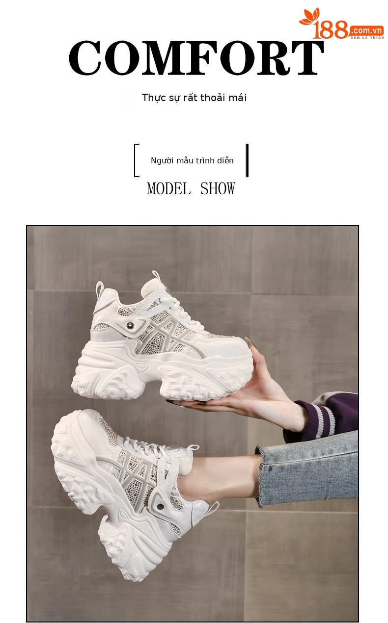 Giày sneaker nữ đế dày tăng chiều cao, phối đá rhinestone, lưới thoáng khí — màu trắng ngà chi tiết 11