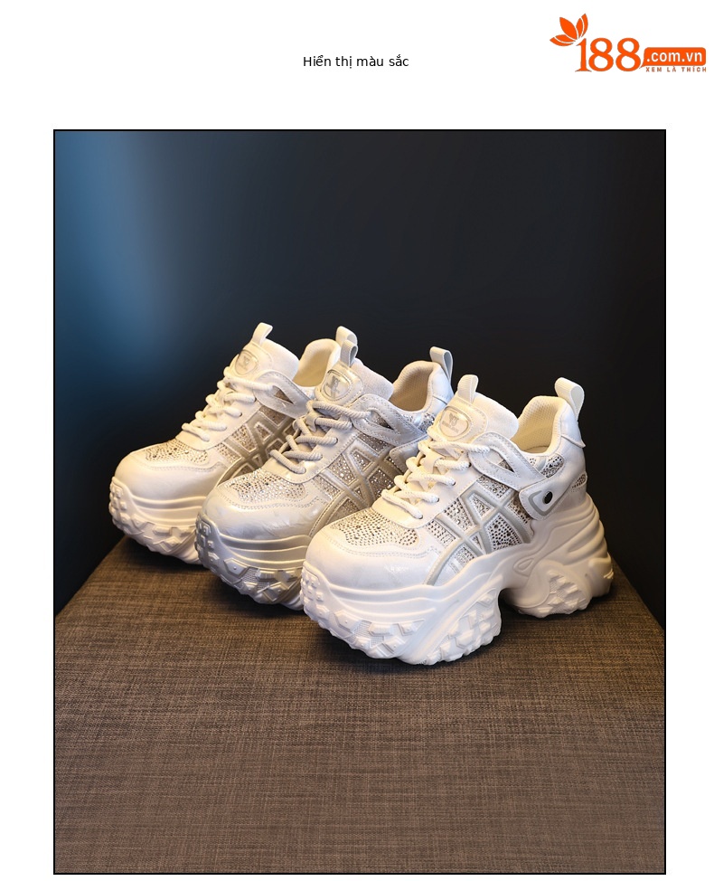 Giày sneaker nữ đế dày tăng chiều cao, phối đá rhinestone, lưới thoáng khí — màu trắng ngà chi tiết 18