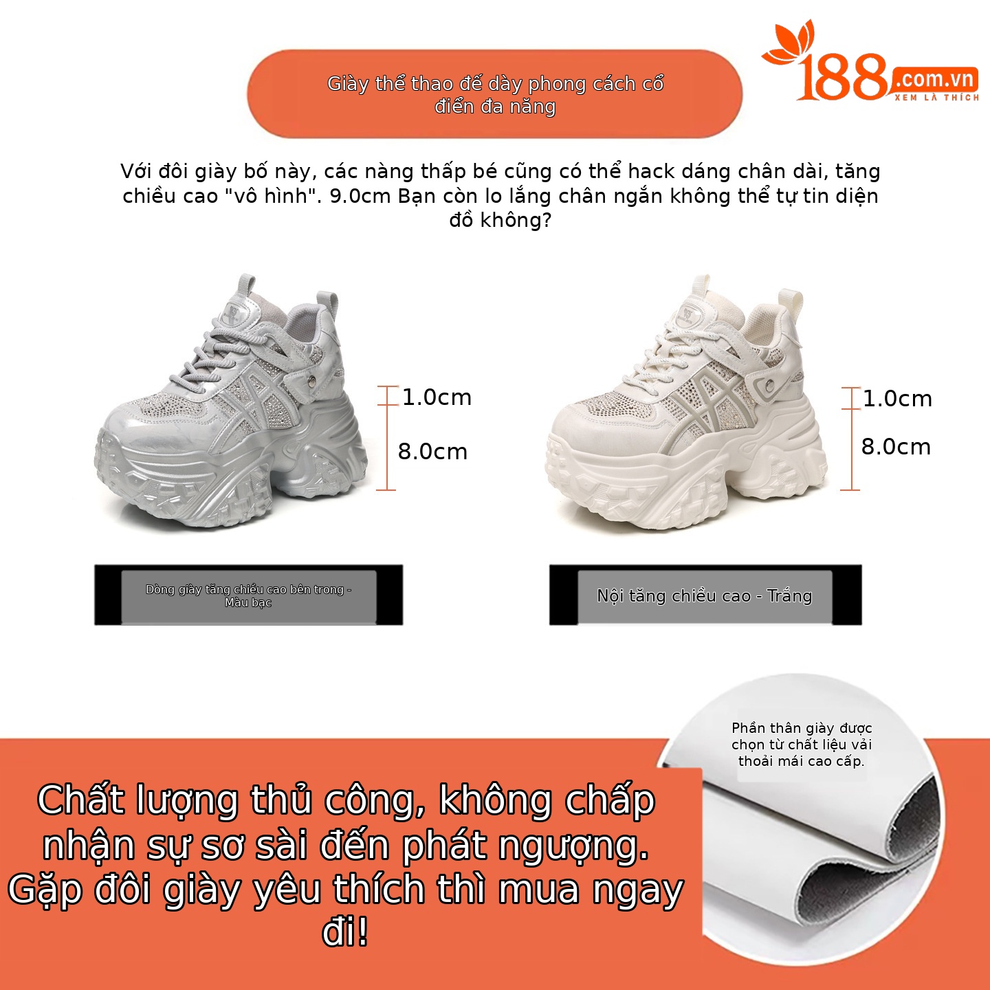 Giày sneaker nữ đế dày tăng chiều cao, phối đá rhinestone, lưới thoáng khí — màu trắng ngà
