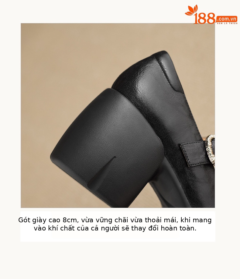 Giày Mary Jane nữ da cừu cao cấp gót vuông 8 cm quai ngang khóa chữ T — màu đen chi tiết 5