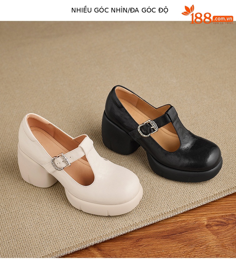 Giày Mary Jane nữ da cừu cao cấp gót vuông 8 cm quai ngang khóa chữ T — màu đen chi tiết 13