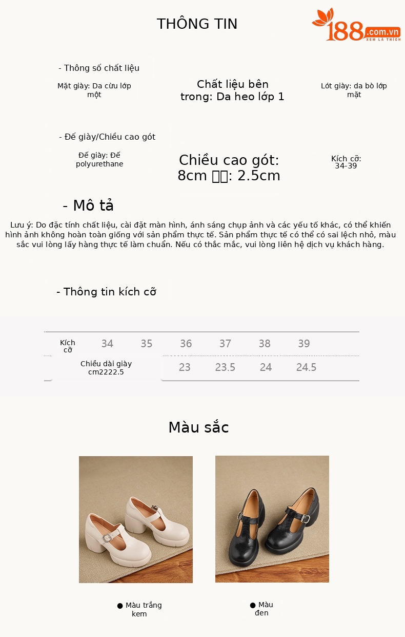 Giày Mary Jane nữ da cừu cao cấp gót vuông 8 cm quai ngang khóa chữ T — màu đen chi tiết 2