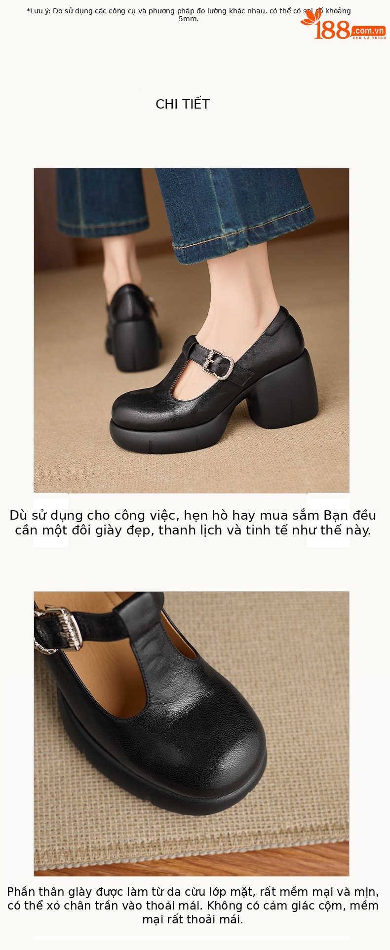 Giày Mary Jane nữ da cừu cao cấp gót vuông 8 cm quai ngang khóa chữ T — màu đen chi tiết 3