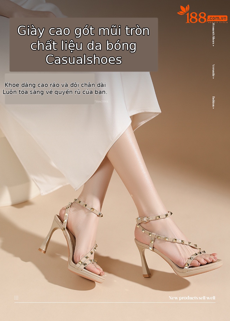 Sandal cao gót nữ mũi tròn quai ngang đính đinh tán — trắng ngà chi tiết 1