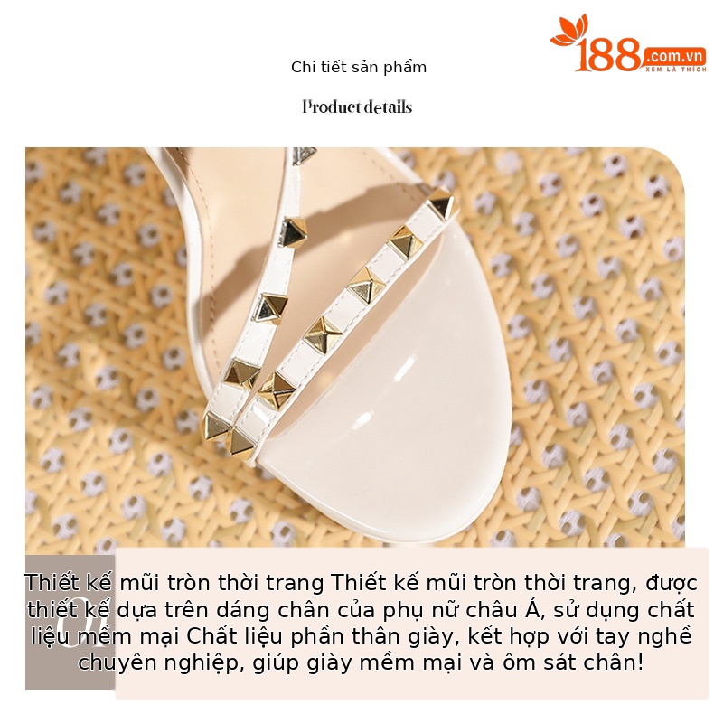 Sandal cao gót nữ mũi tròn quai ngang đính đinh tán — trắng ngà chi tiết 4
