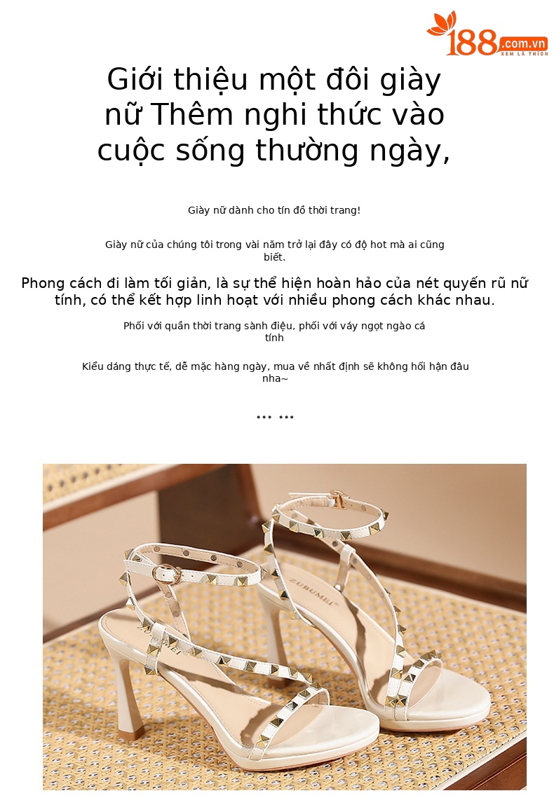 Sandal cao gót nữ mũi tròn quai ngang đính đinh tán — trắng ngà chi tiết 2