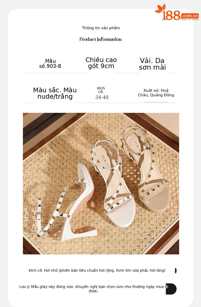 Sandal cao gót nữ mũi tròn quai ngang đính đinh tán — trắng ngà chi tiết 3