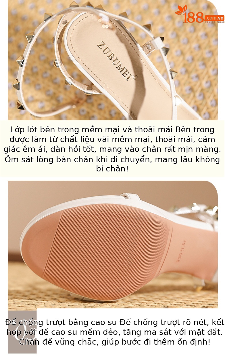 Sandal cao gót nữ mũi tròn quai ngang đính đinh tán — trắng ngà chi tiết 5